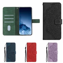 Samsung S23 Ultra Plus A23E A14 5G 카드 슬롯 홀더 Mandala Floral Flip Cover Smart Phone Book Pouch Lanyard Strap 용 Datura Flower Wallet Leather Case
