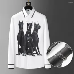 Men's Casual Shirts 2022 Animal Dogs Print Rhinestone For Men Long Sleeve Business Dress Shirt Social Party Tuxedo Chemise Homme