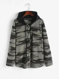 여자 재킷 Zaful Camouflage Pocket Hooded Fleece Jacket Women Button Up 드로우 스트링 코트 가을 겨울