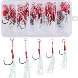 Fiskekrokar 100pcsbox cast jig assist l￥ngsam jigging locka bas som kan binda upp fiskkrok med fj￤derhavsfiske krok 221107