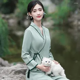 Abbigliamento etnico Cinese migliorato Hanfu con scollo a V Top Pantaloni Set Tai Chi Suit Ladies Adotta abiti da lavoro per la divisione dell'orecchio