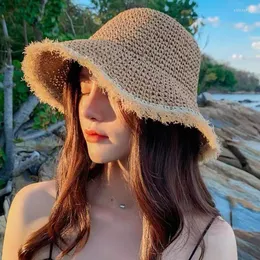Breite Krempe Hüte Einfache Bast Quasten Mädchen Sonnenhut Floppy Sommer Für Frauen Strand Panama Stroh Kuppel Eimer Femme Schatten