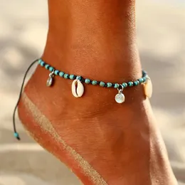 Anklets Bohemian Spiral Turquoises Shell Women Vintage Adjustable Woven Rope Bracelet On Leg Beaded Anklet Ankle Boho Jewelry
