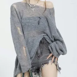 여자 스웨터 어깨 회색 니트 스웨터 y2k 옷 수수기 무저어 게으른 복고풍 원 중공 캐주얼 구멍 tshirt