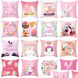 Pillow Case Easter Cushion Er 18X18 Inch Pink Happy Rabbit Egg Printed Pillow Case Home Sofa Decor Drop Delivery Garden Textiles Bed Dhary