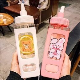 Vattenflaskor kawaii björnflaska för flickor söt plastskola gymnastik dricka med halm klistermärke juice te koppar bpa gratis 700/900 ml