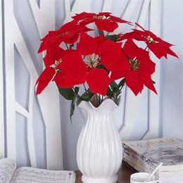 Real Touch Flanell Artificial Big Red Flowers Head Bouquet Christmas Red Poinsettia Bushes Bouquets Holiday Party Ornament GC1791