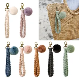 Keychains Boho Macrame Keychain Armband Handmade Wristlet Keyring Holder Wrist Lanyard f￶r Women Girls Hairball Strap