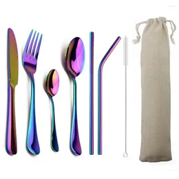 Dinnerware Sets Travel Set With Metal Straws Bag Stainless Steel Cutlery Colorful Gold Blue Knife Fork Teaspoon Silverware