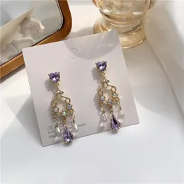 Sırtlar Küpe Vintage Barok Mor Kristal Püskül Klipsi Zarif Su Damlası Shinny Rhinestone Kalp Uzun Piercing yok