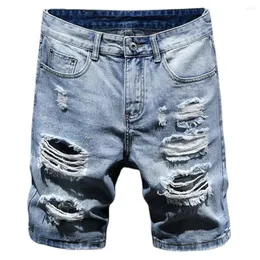 Shorts pour hommes été Denim hommes déchirés mode trous détruits Jeans décontractés hommes droite bleu clair longueur au genou