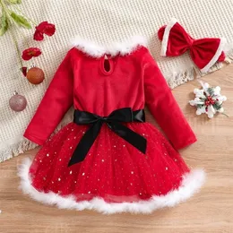 Flickans kl￤nningar Little Girls Casual Long Sleeve Christmas Velvet Mesh Yarn Stitching A-Line med pannband 221107
