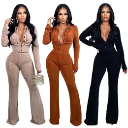 Velvet Two Piece Pants Casual Tracksuits Women Lapel Neck Shirt and Bottoms Outfits Set Wear Free Ship