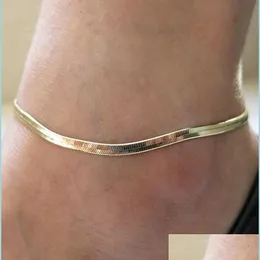 Anklets ny fin sier / guldpläterad justerbar platt ormkedja ankelarmband kvinnor enkla känsliga fot sommarstrand fötter smycken dhj68