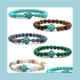 Beaded 8Mm Natural Stone Beaded Strands Bracelet Blue Tortoise Sea Turtle Charm Agate Tiger Eye Turquoise Lava Stones Beads Bracelet Dh8Xw