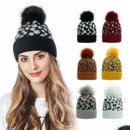 Party Hats Party Hats Ear Warm Mink Fur Ball Thick Women Girl Fall Winter Sklies Beanies Hat Cap Leopard Elastic Fashion Accessories Dhntb