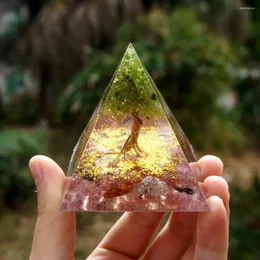 Decorative Figurines Handmade Orgonite Pyramid 60mm Tree Of Life Peridot & Strawberry Quartz Natural Cristal Stone Energy Healing