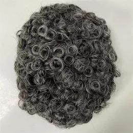 16mm Curl Grey Color Brazilian Virgin Human Hair Replacement 8x10 Knoted Hair Full PU Toupee Skin Unit for Black Men Fast Express Delivery