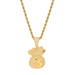 Collane con ciondolo Dollaro USA Sacchetto di denaro Cubic Zirconia di alta qualità Ghiacciato Catene d'oro per la collana di gioielli da uomo Hip Hop Gift1310q