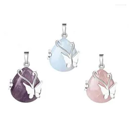 Anhänger Halsketten KFT Vintage Wire Wrap Schmetterling Naturstein Rosenquarz Amethyste Opalite Opal Heilkristall Schmuck für Frauen