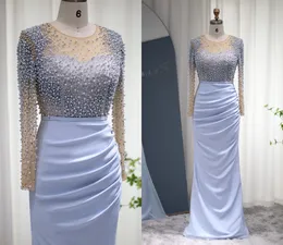 Blaue Meerjungfrau Arabisch Abendkleid Dubai Luxus Perlen Kristall Lange Ärmel Muslimische Abendkleider 2023 Frauen Saudi-Arabien Kleider Vestidos De Fieast