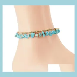 Anklets Bohemian Style Natural Gravel Stone Anklet Doublelayer Retro Bell Hand Woven P￤rlad fotkedja 6 F￤rger Drop Leverans smycken DHP4Q
