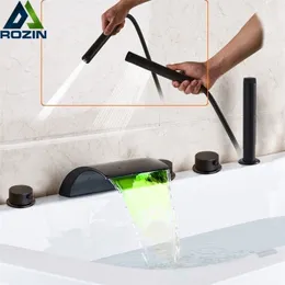 Other Faucets Showers Accs Bronze Black Waterfall Bathtub Led Light Shower Mixer Set Deck Mounted 5pc Widespread Bath Tub Sink 221109