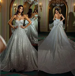 Sparkly Mermaid Wedding Dress Sexy Sweetheart Neck Saudi Arabic Wedding Dresses Big Bow Bridal vestidos de robe wly935