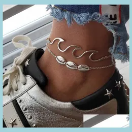 Anklets Shell Wave Anklets Foot Chain Mtilayer Sier Shells Anklet Armband Beach Jewelry for Women Drop Delivery DHTXV