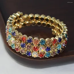 Bangle 6 Shiny 3 Rows Blue Crystal Bracelet Wedding Gold Rhinestone Stretchable Women Jewelry Pulseira Feminina