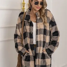 여성용 재킷 피팅 빈티지 겨울 코트 격자 무늬 따뜻한 도착 패션 오버 코트 여성 의류 봉제 봉제 소프트 코트 221109