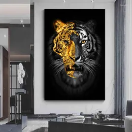 Paintings Modern Abstract Animal Gold Black Tiger Wall Art Canvas Painting Living Room Home Decor Pictures Posters And Prints Cuadros