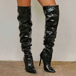 Женские сапоги выше колена на резинке, осенние новые остроконечные женские ботинки из лакированной кожи на высоком бочонке, черная молния, на тонком каблуке, 07091011