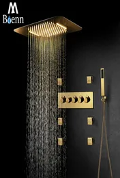 Luxusgold Musik Duschsysteme Regen LED Duschkopf Leitungs Wasserfall Badezimmer Wasserh￤hne thermostatisch versteckte Mixer Duschlautsprecher9455538