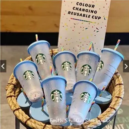 Starbucks 24 unz/710 ml Rainbow Plastic Tubbler wielokrotne użycie przezroczysty do picia Płaskie dolne kubki Kształt Kształt Słomka Kubki Bardian B2QW