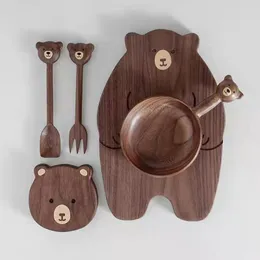 Dinnerware Sets Cute Bear Wooden Bowl Plate Fruit Dessert Nut Spoon Cutlery Set Handmade Chopping Board Tray Tableware