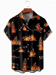 Men's Casual Shirts Y2K Men's Clothing Skull And Flame Printed Breathable Pocket Hawaiian Short Sleeve Shirt