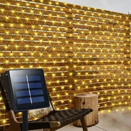 문자열 태양열 그물 라이트 200LED 3x2m LED 부시 야외 메쉬 요정 파티오 벽 발코니 장식을위한 문자열