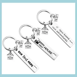 Keychains Lanyards Stainless Steel Housewarming Keychain Pendant Family Love Keychains Creative House Lage Decoration Key Ring 12X Dh5Dd