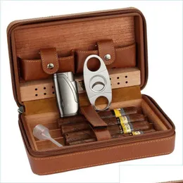 Cigar Accessories Portable Cedar Wood Humidor Leather Wrap Travel Case 4 Cigars Box Storage Humidors Humidifi Of