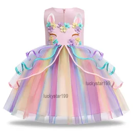 Dziewczynka tęczowa tiulowa sukienka 3-9T dziecięca projektant jednorożec z nadrukiem lub kwiecista spódnica bez rękawów dzieci wiosenne letnie sukienki księżniczki