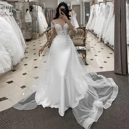 Volle Ärmel Spitze Meerjungfrau Brautkleider Abnehmbare Schleppe Grown Brautkleid Tüll Überrock Mariage 326 326