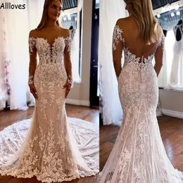 Bohemian Country Style Lace Mermaid Wedding Dresses Off Shoulder Sheer Neck Long Sleeves Vintage Bridal Gowns Court Train Sexy Backless Vesttidos De Novia CL1393