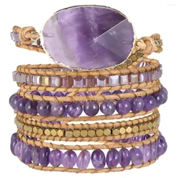 Link Bracelets Bohemian Style Natural Amethyst Braided Bracelet Reiki Healing Crystal Stone Beads Wrap For Men Women Jewelry Fashion
