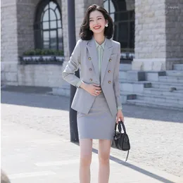 Two Piece Dress Fashion Women Skirt Suits Grey Blazer And Jacket Sets Ladies Work Wear Business Office Uniform Styles