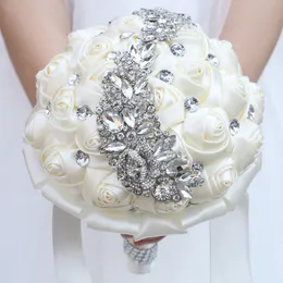 Sztuczne satynowe kwiaty ślubne bukiet ślubny ręcznie robiony kwiat Rhinestone kryształ zroszony druhna ślub panny młodej bukiet de mariage niestandardowy kolor