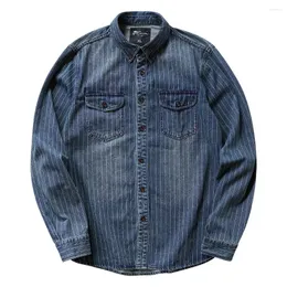 Erkekler Rahat Gömlek Retro Ağır Çizgili Denim Gömlek Pamuk Yıkanmış Uzun Kollu Erkek Palto Takımları