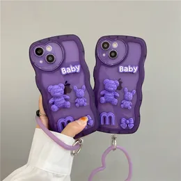 Bj￶rntelefonfodral f￶r iPhone 14 Pro Max Plus 13 12 11 Baby TPU 3D Purple Wave Love Back Cover med remmar Popul￤ra