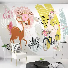 Tapeten Moderne Einfache Stil Nordic Handgemalte Cartoon Tiere Fresko Hintergrund Wand