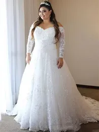 Plus Size A-Line Abiti da sposa Maniche lunghe Abiti da sposa Appliques in pizzo Perline Sheer Back Country Boho Bride Vestido De Novia 2023 Abito su misura bianco avorio